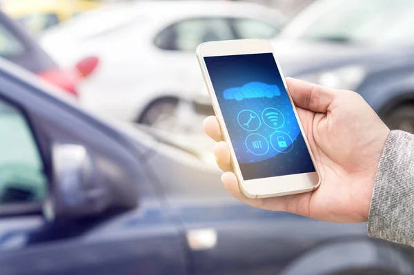 Internet Things Iot Mobile App Smart Phone Modern Car Hand — Stock Photo, Image