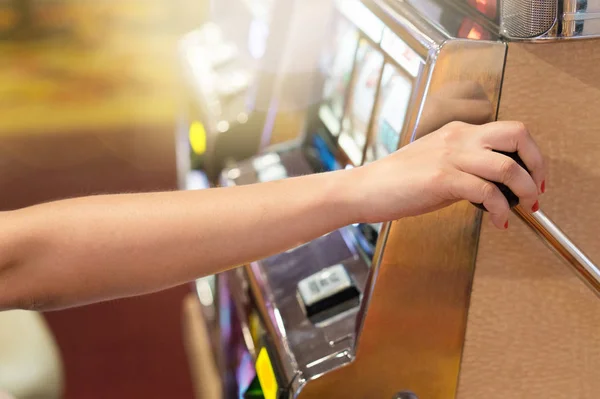Woman Pulling Handle Slot Machine Casino Gambling Luck Taking Risk — Stock Photo, Image