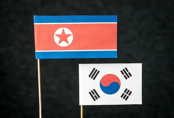 Flag North Korea South Korea Made Paper Wooden Stick Dark — Stock Photo, Image