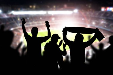 Arkadaşlar futbol stadyumu futbol maçında. Kalabalık tezahürat ve maç sırasında bir hedef arenada kutluyor. Canlı spor seyirci eğlenmek insanlarda siluet.
