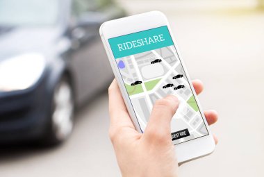 Ride share taxi service on smartphone screen. Online rideshare app and carpool mobile application. Woman holding phone with a car in the background. Person ordering ride with cellphone. clipart