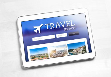 Arama uygulaması veya Web sitesi tablet ekranda seyahat. App Bul ucuz uçuşlar, otel veya tatil paketi Internet üzerinde. Online seyahat acentesi web sayfası.