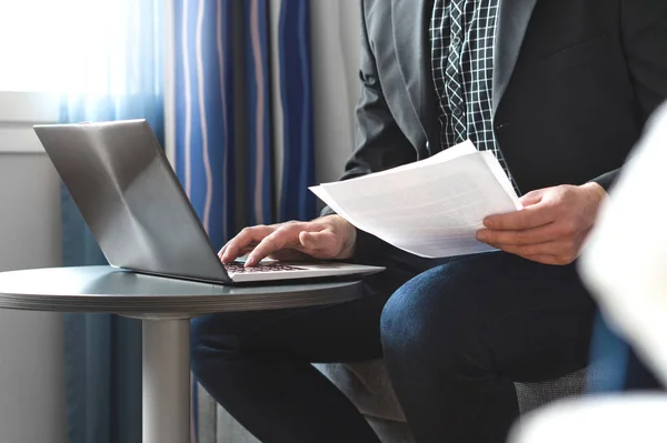 Businessman Hotel Room Reading Business Report Paper Man Working Laptop — Stock Photo, Image