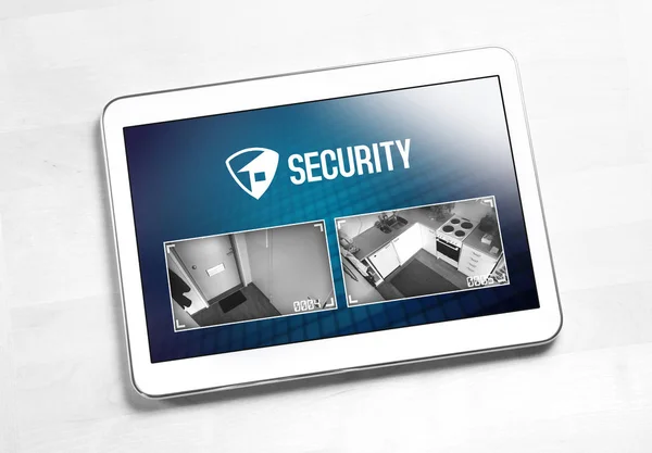 Home security system and application in tablet. Protection and surveillance camera live footage inside a house or apartment. Smart cctv and safety app. Top view.