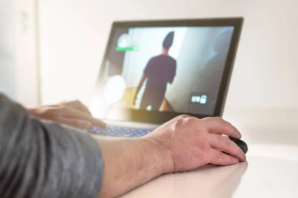 Playing Video Game Laptop Gamer Computer Young Man Hand Mouse — Stock Photo, Image