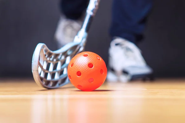 Floorball Speler Met Stick Bal Vloer Hockey Concept — Stockfoto