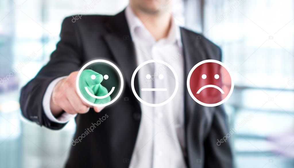 Business man giving rating and review with happy smiley face emoticon icon. Customer satisfaction and service or product quality survey or poll. Modern abstract feedback concept.