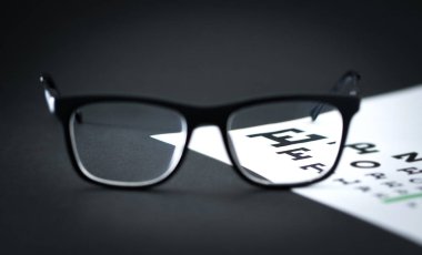 Göz gözlük mektup grafik gözlükçü tablo üzerinde sınayın. Göz hastalıkları veya Optometri Kliniği. Lens aracılığıyla odaklan. Görme yeteneği sınav.