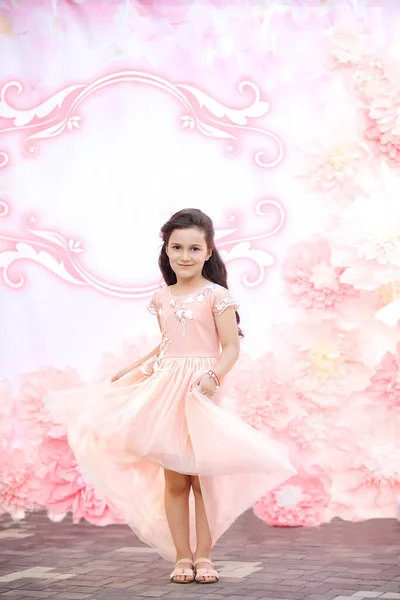 Beautiful Little Girl Preschool Age Cute Pink Dress — Stock Photo, Image