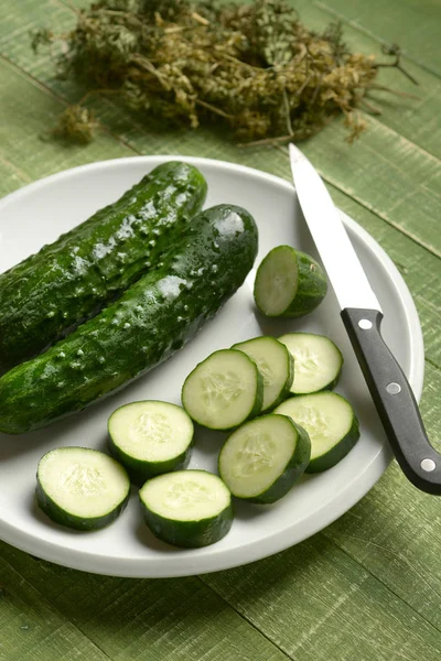 Sliced Green Cucumber Wooden Table Closeup — Stock Photo, Image