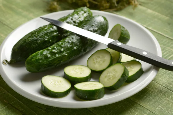 Sliced Green Cucumber Wooden Table Closeup — Stock Photo, Image