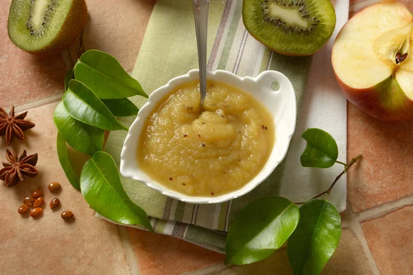 Kiwi Apple Mousse Fruit Portion White Bowl Closeup — Stock Photo, Image