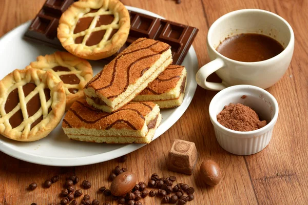 Assorted Chocolate Foods Wooden Table Closeup — Stock Photo, Image