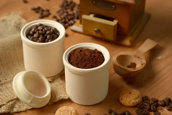 Coffee Powder Container Coffee Grinder Closeup — Stock Photo, Image