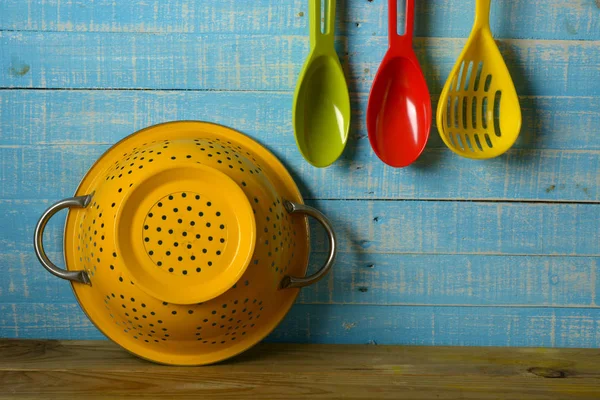 Pile Kitchen Utensils Light Blue Background Horizontal Closeup — Stock Photo, Image