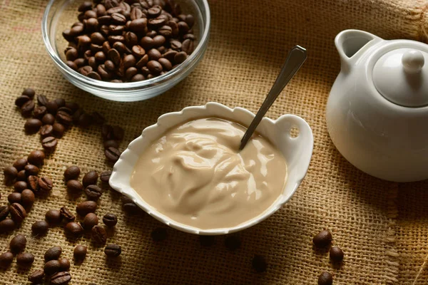 Coffee Yogurt White Bowl Coffee Bean Closeup — Stock Photo, Image