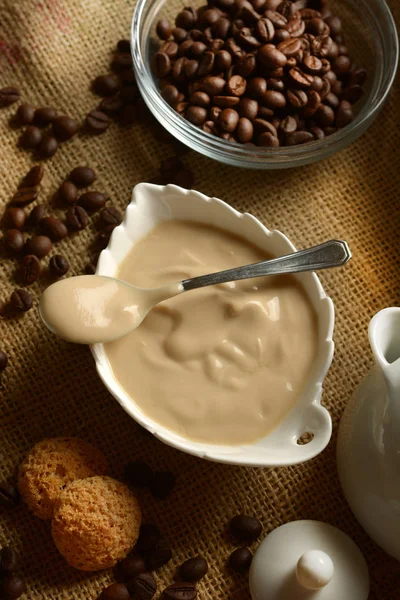 Coffee Yogurt White Bowl Coffee Bean Closeup — Stock Photo, Image