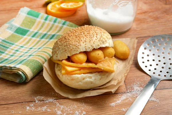 Sandwich Panelle Traditional Street Food Sicily Made Chickpea Flour Closeup — Stock Photo, Image