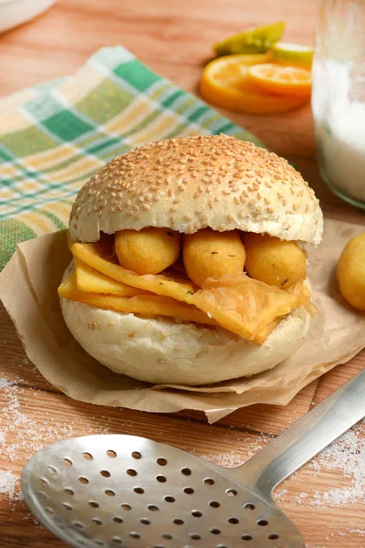 Sandwich Panelle Traditional Street Food Sicily Made Chickpea Flour Closeup — Stock Photo, Image