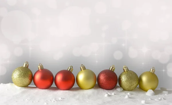 Row Christmas Balls Snow White Background Closeup — Stock Photo, Image