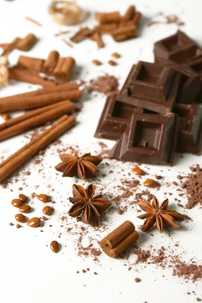 Pieces Chocolate Cinnamon Star Anise Cocoa Powder White Background Closeup — Stock Photo, Image