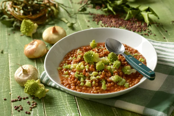 Lentil Soup Broccoli Onion Vegetarian Recipe Closeup — Stock Photo, Image