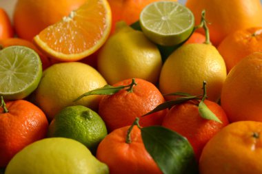 yığın çeşitli Narenciye meyve, meyve zengin C vitamini ve antioksidan - portre