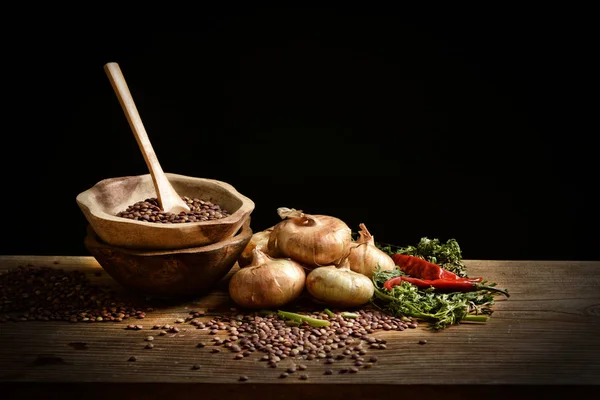 Raw Lentils Onions Chili Pepper Wooden Table Closeup Stock Picture