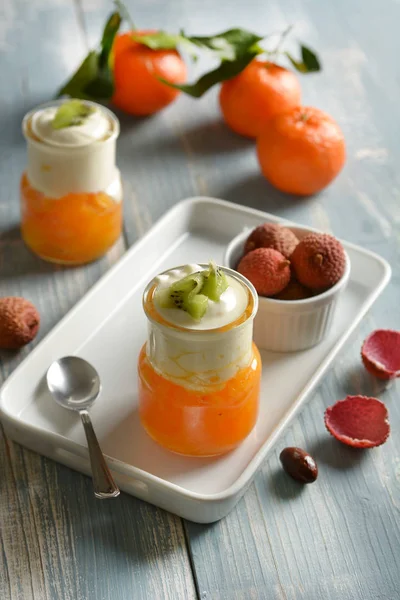 Delicious Dessert Lychees Mousse Tangerine Cream Closeup — Stock Photo, Image