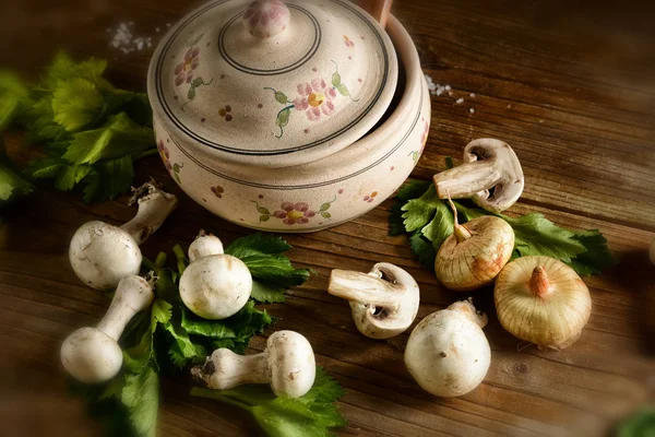 Mushroom Soup Onions Tureen Ingredients Closeup — Stock Photo, Image