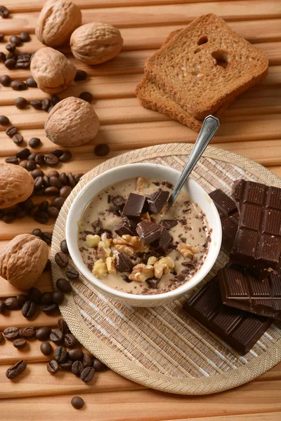 Coffee dessert with chocolate and walnuts — Stock Photo, Image
