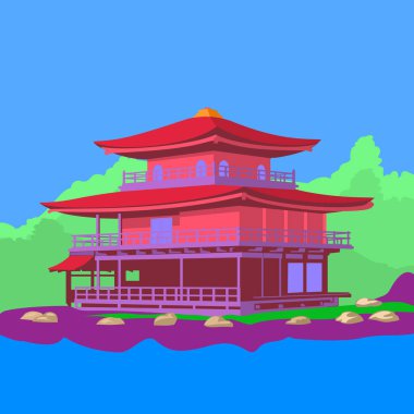 Göl kenarındaki yeşil ormanlı Japon evi.