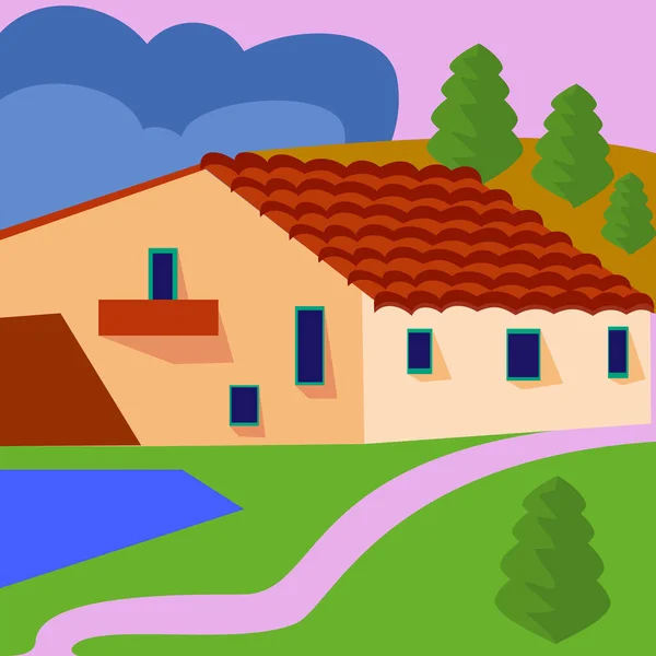 Farm landscape with fields and farmhouse. Vector illustration — Stock Vector