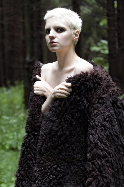 Portrait Young Blonde Girl Fur Coat Made Woods — Stock Photo, Image