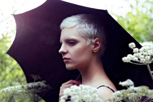 Portrait Young Blond Girl Umbrella Meadow — Stock Photo, Image