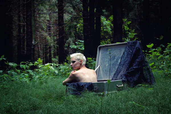 Young Girl Short White Hair Sitting Large Suitcase Middle Forest — Stock Photo, Image