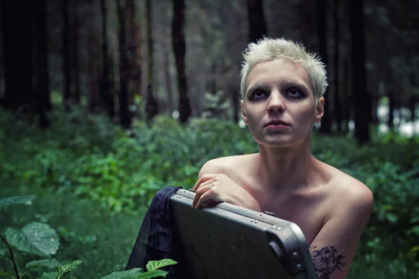 Young Girl Short White Hair Sitting Large Suitcase Middle Forest — Stock Photo, Image