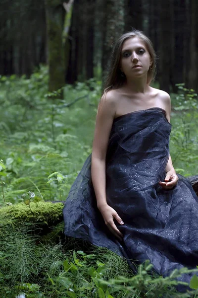 Girl Sitting Forest Black Dress Log — Stock Photo, Image