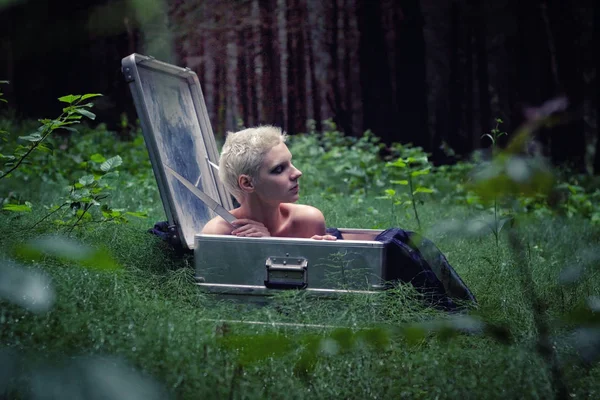 Young Girl Short White Hair Sitting Large Suitcase Middle Forest — Stock Photo, Image