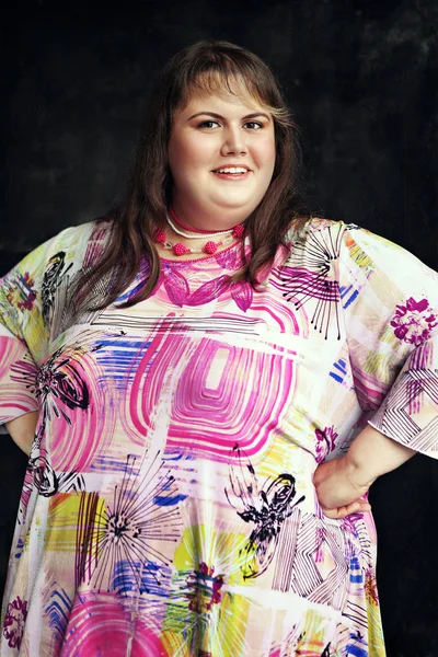 Very Fat Woman Size Colourful Motley Dress — Stock Photo, Image