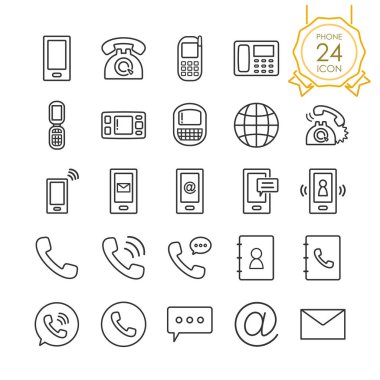 Dizi telefon, telefon veya telefon simgeleri ve posta, medya, iletişim sembolleri beyaz arka planda, vektör çizim.