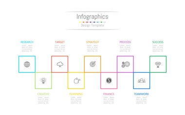 Infographic tasarım öğeleri iş verilerinizi 9 seçenekleri, parçalar, adımları, zaman çizelgeleri veya işlemler ile için. Vektör çizim.