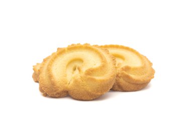 bir tarafı beyaz arka plan üzerinde iki tereyağlı kurabiye