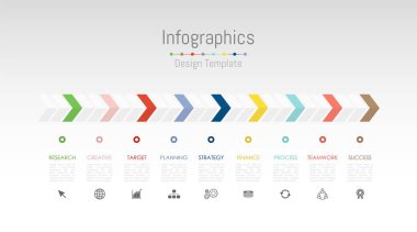 Infographic tasarım öğeleri iş verilerinizi 9 seçenekleri, parçalar, adımları, zaman çizelgeleri veya işlemler ile için. Vektör çizim.