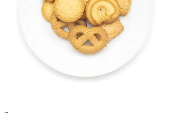 Bovenaanzicht Van Boter Cookies Bord Met Witte Achtergrond — Stockfoto