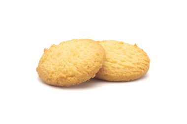 bir tarafı beyaz arka plan üzerinde iki tereyağlı kurabiye