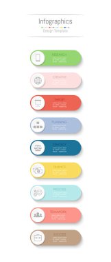 Infographic tasarım öğeleri iş verilerinizi 9 seçenekleri, parçalar, adımları, zaman çizelgeleri veya işlemler ile için. Vektör çizim.