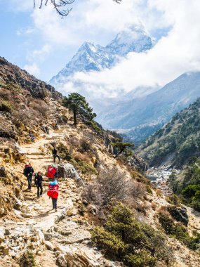 Trekker güzel dağları arka plan Nepal Everest Saha Kampı için doğa yürüyüşü sırasında