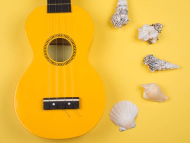 Parlak sarı ukulele gitar ve deniz kabukları