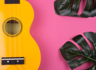 Sarı ukulele gitar ve monstera yaprakları